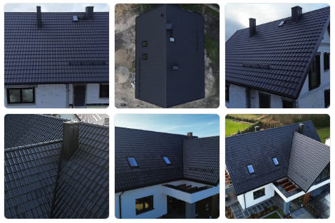 Kolaz realizacji Roof-Top z grafitowym pokryciem, kominami i oknami dachowymi